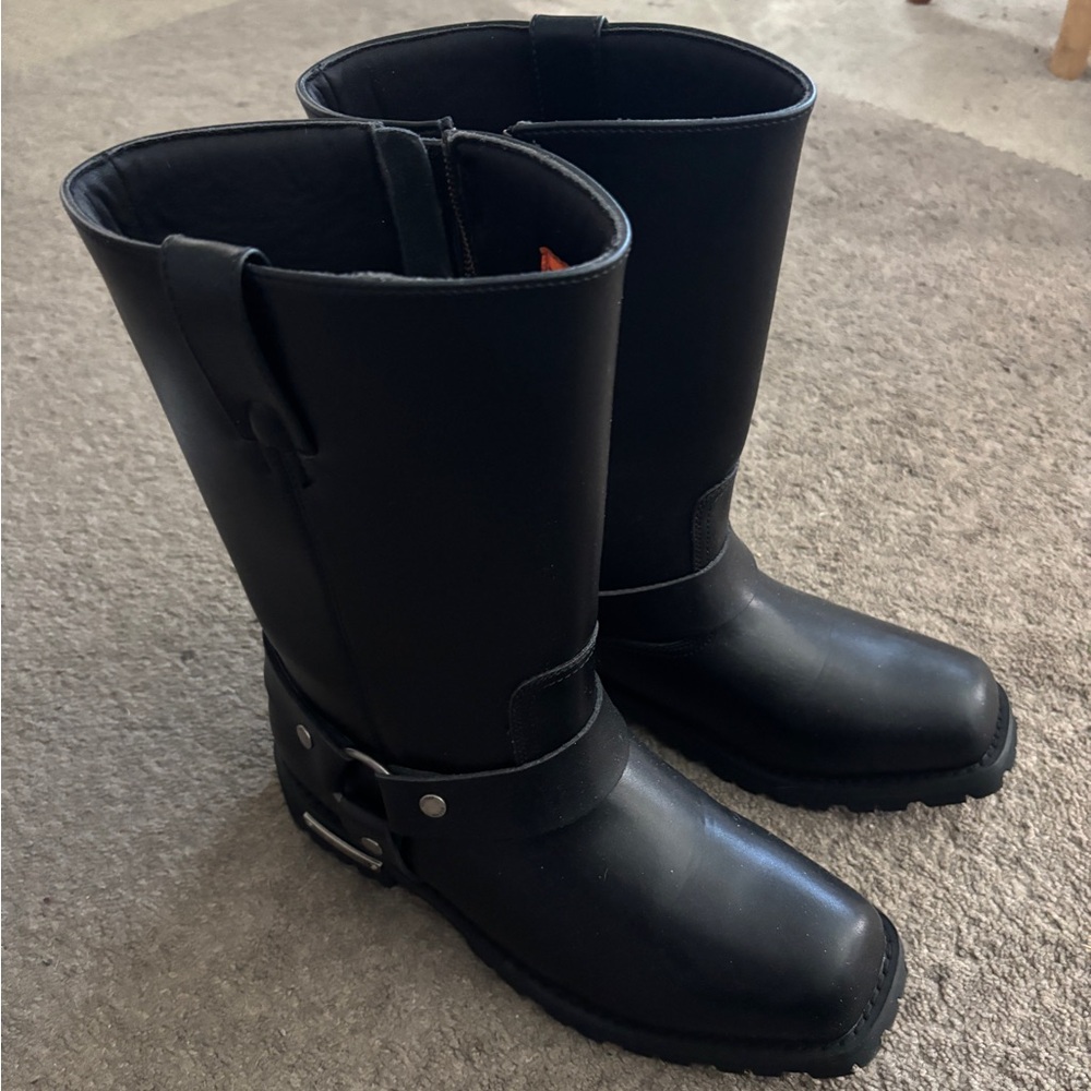 Black Leather Motorcycle Boots Mens 12D
